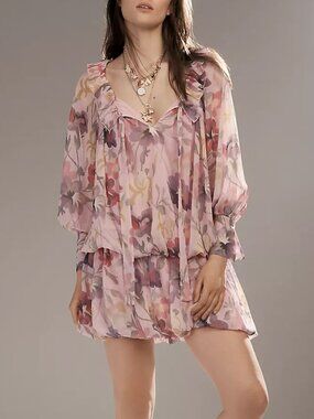 ANTHROPOLOGIE Mare Mare Long Sleeve Floral Chiffon Bubble Hem Mini Dress